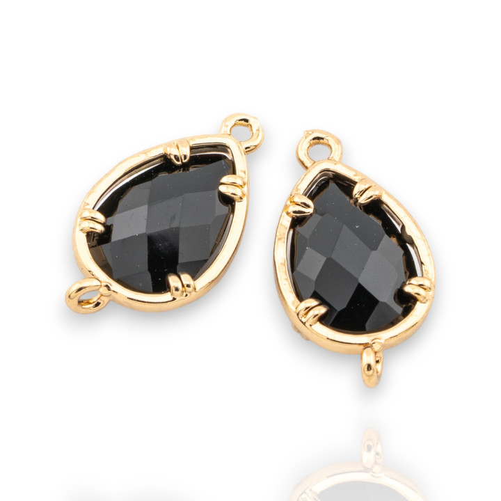 Χάλκινο Εξάρτημα σύνδεσης με CZ Crystals Faceted Drop 10x19mm 18 τμχ Με 2 Μαύρα χρυσά δαχτυλίδια