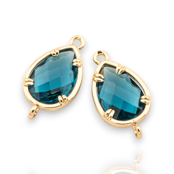 Componente conector de bronce con cristales CZ, gota facetada, 10x19 mm, 18 piezas con 2 anillos dorados verde azulado