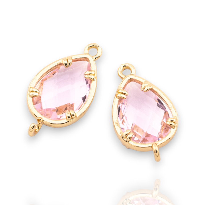 Χάλκινο Εξάρτημα σύνδεσης με CZ Crystals Faceted Drop 10x19mm 18 τμχ με 2 ροζ χρυσά δαχτυλίδια