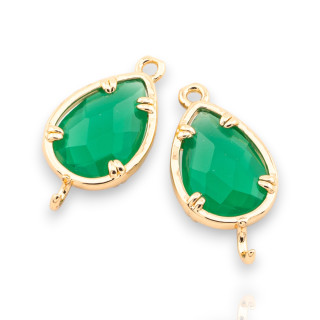 Bronze Connector Component With CZ Crystals Faceted Drop 10x19mm 18pcs With 2 Jump Rings Golden Green