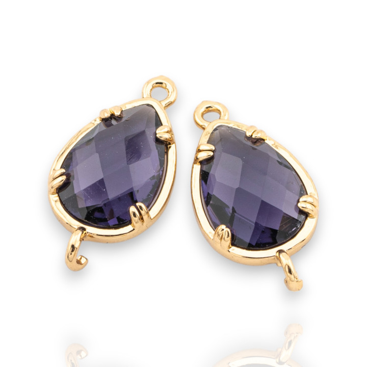 Componente conector de bronce con cristales CZ, gota facetada, 10x19 mm, 18 piezas con 2 anillos dorados morados