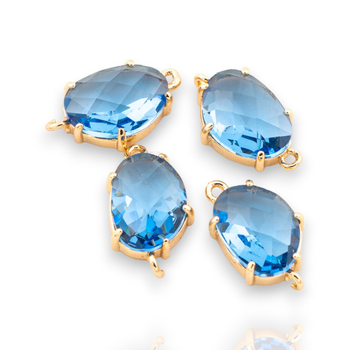 Componente Connettore Di Bronzo Con Cristalli CZ Irregolare Sfaccettato 8x14mm 22pz Con 2 Anellini Dorato Azzurro