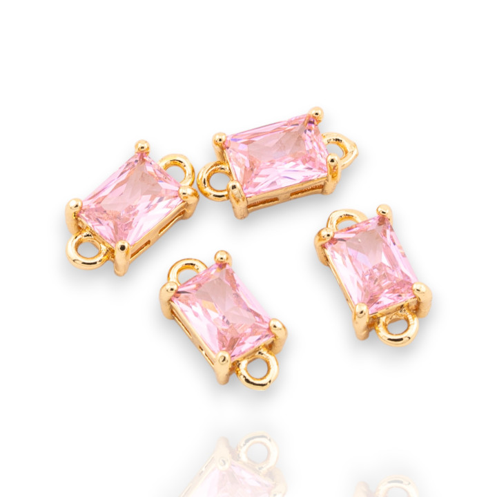 Componente conector de bronce con cristales CZ Rectángulo facetado 6x12 mm 22 piezas con 2 anillos dorados rosados