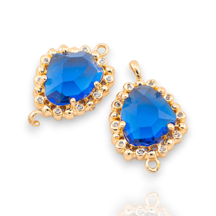Componente Connettore Di Bronzo Con Cristalli CZ Sfaccettato 14,5x22mm 15pz Con 2 Anellini Dorato Blu