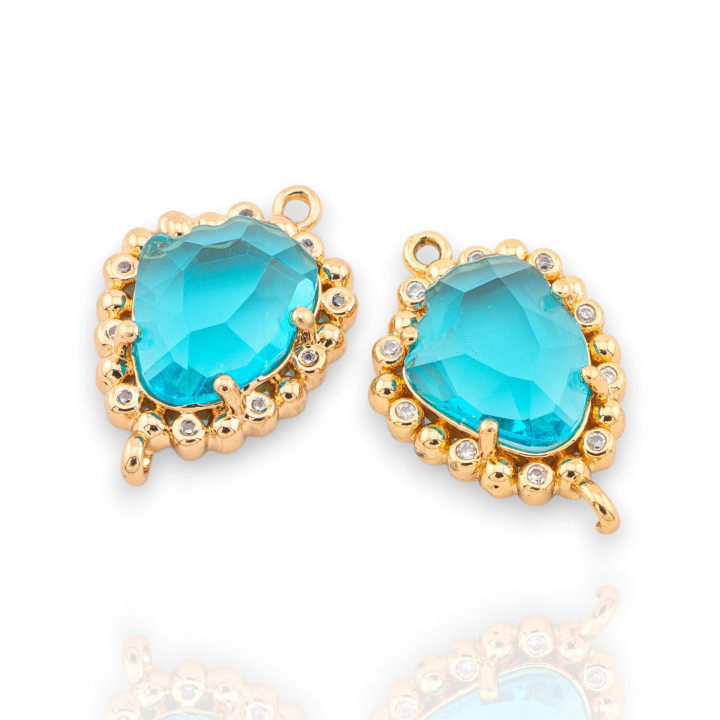 Composant de connecteur en bronze avec cristaux CZ à facettes 14.5x22mm 15 pièces avec 2 anneaux dorés bleu clair