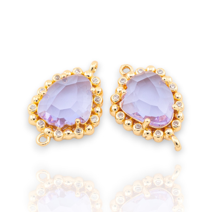 Componente conector de bronce con cristales CZ facetados 14,5x22 mm, 15 piezas con 2 anillos dorados lilas