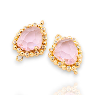 Componente Connettore Di Bronzo Con Cristalli CZ Sfaccettato 14,5x22mm 15pz Con 2 Anellini Dorato Rosa