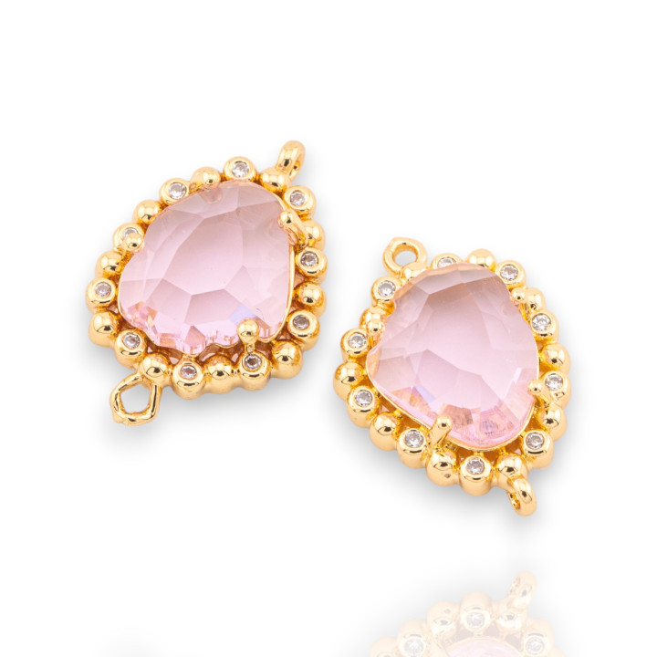 Μπρονζέ Εξάρτημα σύνδεσης με Faceted CZ Crystals 14,5x22mm 15 τμχ με 2 ροζ χρυσά δαχτυλίδια