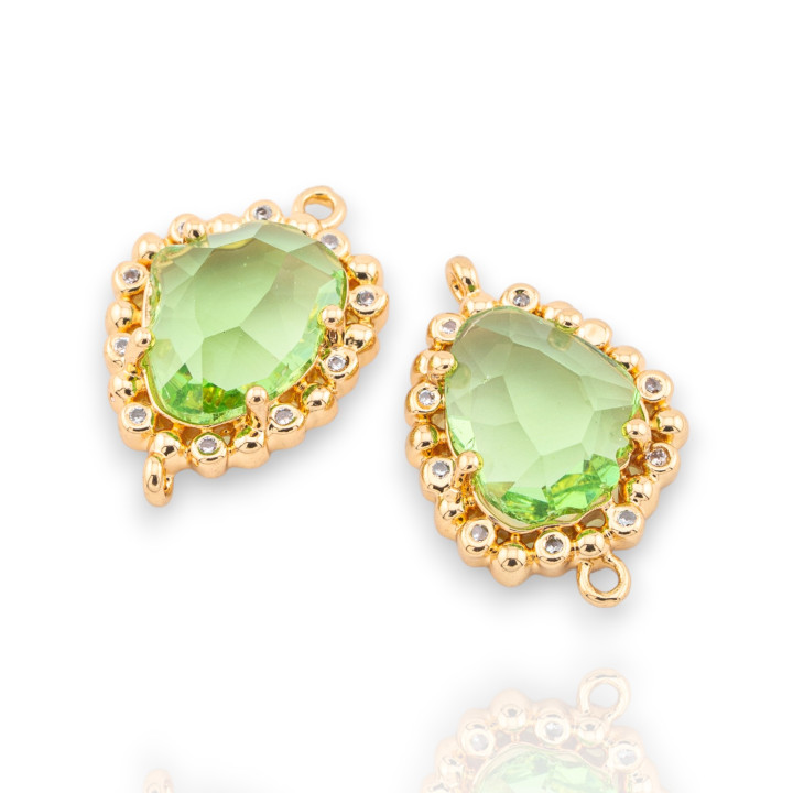 Componente Connettore Di Bronzo Con Cristalli CZ Sfaccettato 14,5x22mm 15pz Con 2 Anellini Dorato Verde Chiaro
