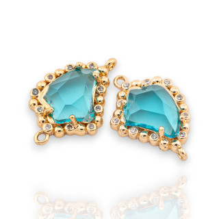 Bronze-Verbindungskomponente mit facettierten CZ-Kristallen, 14 x 20 mm, 15 Stück, mit 2 hellblauen goldenen Ringen