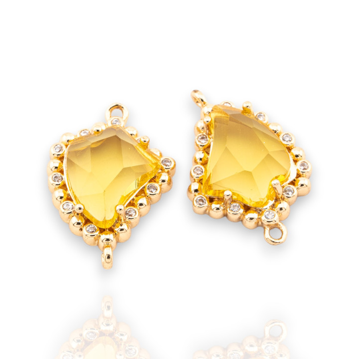 Componente Connettore Di Bronzo Con Cristalli CZ Sfaccettato 14x20mm 15pz Con 2 Anellini Dorato Giallo