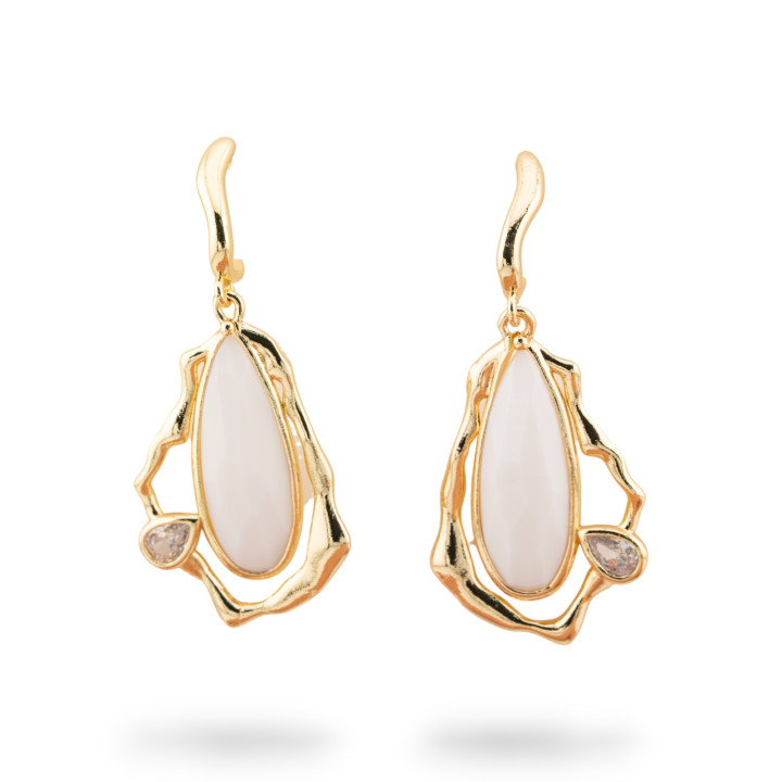 Pendientes de palanca de bronce con cabujón de cristal CZ dorado blanco