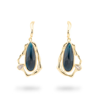 Boucles d'oreilles à levier en bronze avec cabochon en cristal CZ doré bleu