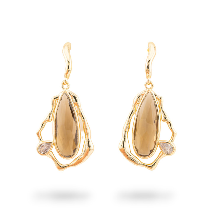 Boucles d'oreilles crochet en bronze avec cabochon en cristal CZ doré fumé