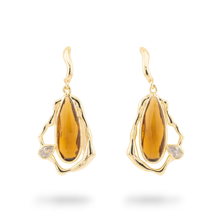 Bronze CZ Crystal Cabochon Earrings Gold Brown