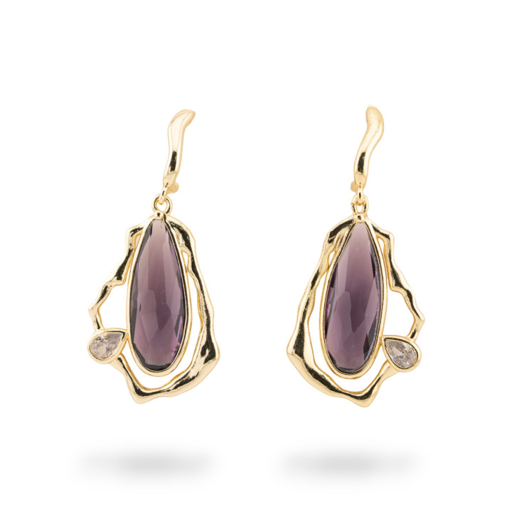 Boucles d'oreilles à levier en bronze avec cabochon en cristal CZ doré violet