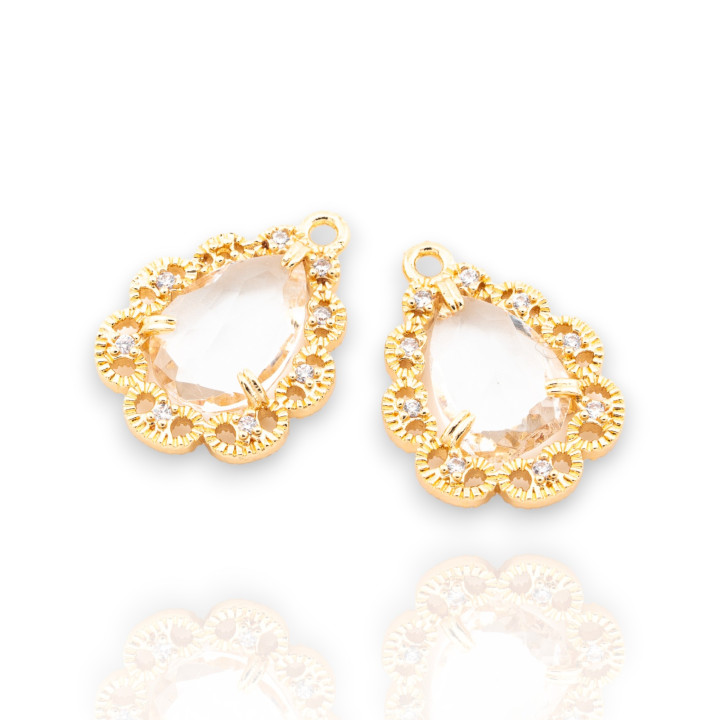 Χάλκινο μενταγιόν με CZ Crystals Faceted Zircon Drop 14x19mm 15τμχ Με 1 Λευκό Διαφανές Χρυσό Δαχτυλίδι