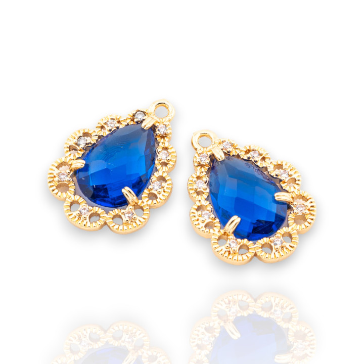 Χάλκινο μενταγιόν Εξάρτημα με CZ Crystals Faceted Drop Zircon 14x19mm 15τμχ Με 1 Μπλε Χρυσό Δαχτυλίδι