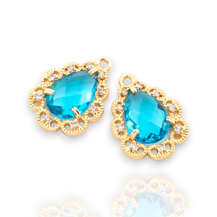 Componente Pendente Di Bronzo Con Cristalli CZ Goccia Sfaccettata Zirconata 14x19mm 15pz Con 1 Anellino Dorato Celeste