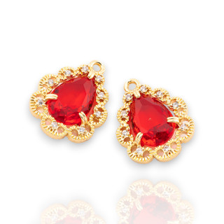 Componente Pendente Di Bronzo Con Cristalli CZ Goccia Sfaccettata Zirconata 14x19mm 15pz Con 1 Anellino Dorato Rosso