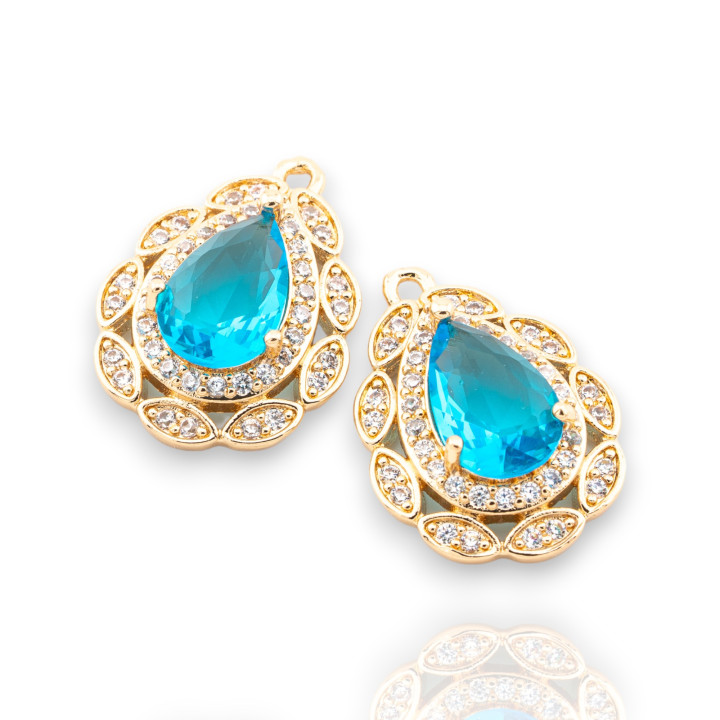 Componente Pendente Di Bronzo Con Cristalli CZ Goccia Sfaccettata Zirconata 17x23mm 8pz Con 1 Anellino Dorato Celeste