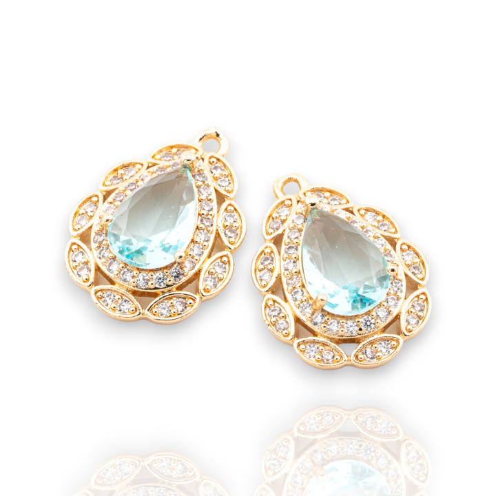 Bronze Pendant Component With CZ Crystals Faceted Drop Zircon 17x23mm 8pcs With 1 Light Blue Golden Jump Ring