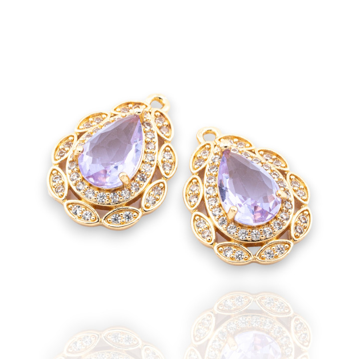 Composant de pendentif en bronze avec cristaux CZ, goutte de Zircon à facettes 17x23mm, 8 pièces avec 1 anneau doré lilas