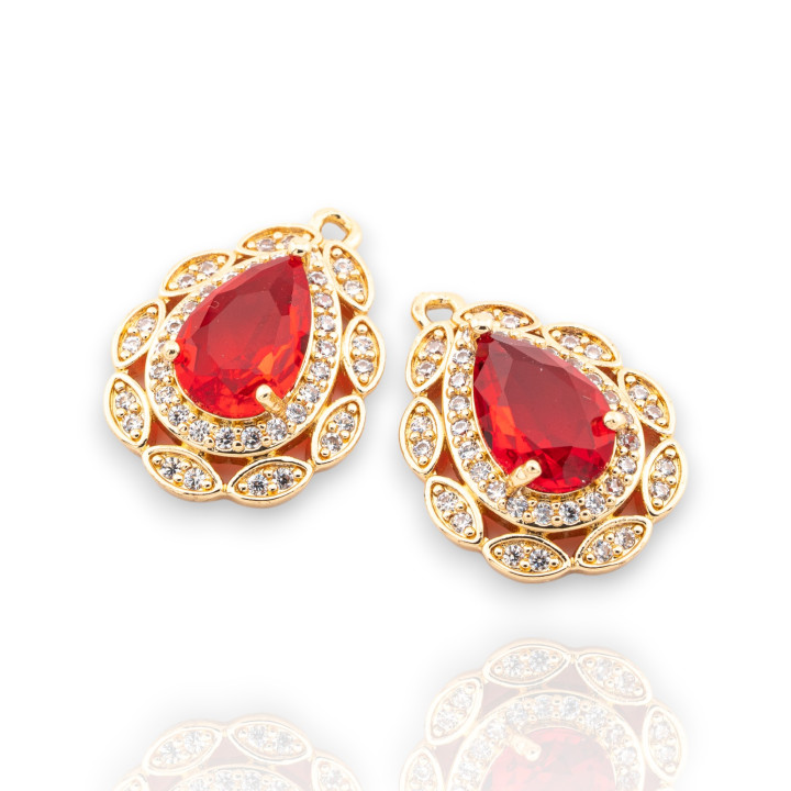 Componente Pendente Di Bronzo Con Cristalli CZ Goccia Sfaccettata Zirconata 17x23mm 8pz Con 1 Anellino Dorato Rosso