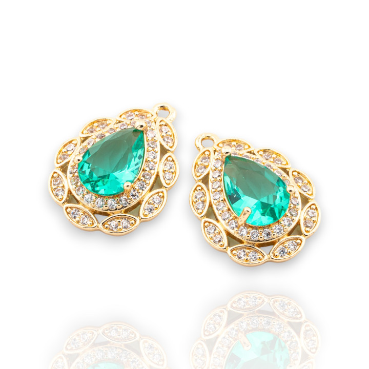 Componente Pendente Di Bronzo Con Cristalli CZ Goccia Sfaccettata Zirconata 17x23mm 8pz Con 1 Anellino Dorato Verde Acqua