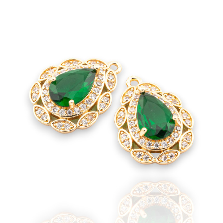 Χάλκινο μενταγιόν Εξάρτημα με CZ Crystals Faceted Zircon Drop 17x23mm 8τμχ Με 1 Σμαραγδένιο Πράσινο Χρυσό Δαχτυλίδι