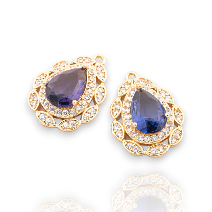 Componente colgante de bronce con cristales de circonita cúbica, gota de circonita facetada, 17x23 mm, 8 piezas con 1 anillo dor