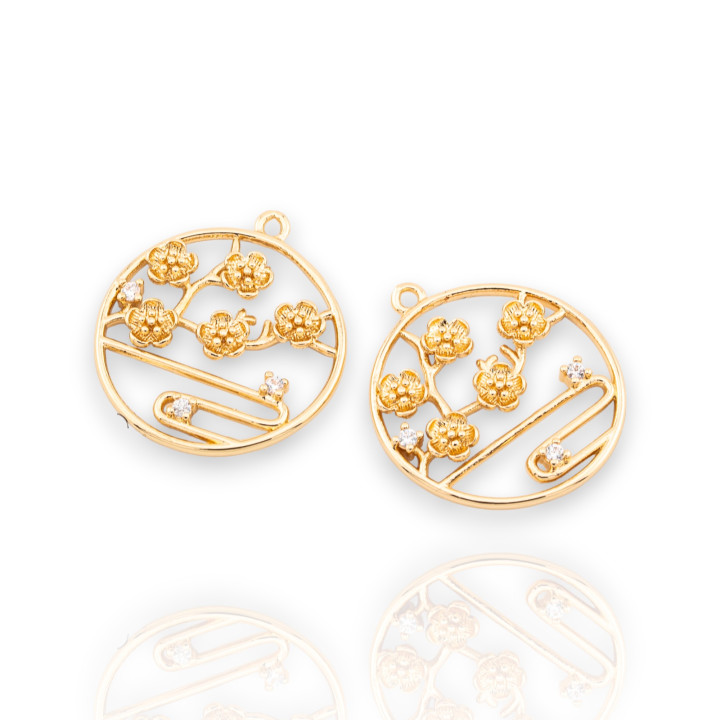 Componente Pendente Di Bronzo Tondo 20mm Paesaggio Floreale 18pz Dorato