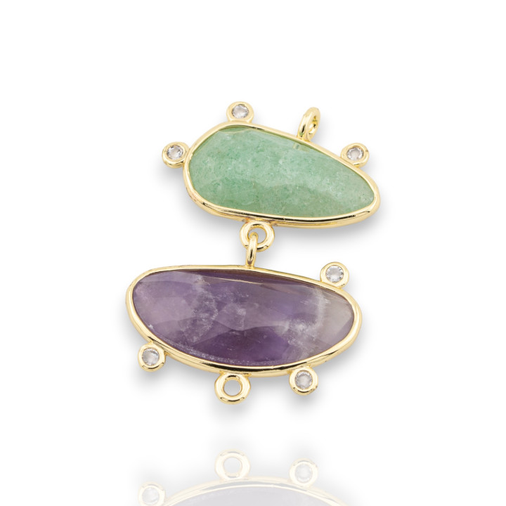 Connector Brass Component Gemstones 24x35mm 3pcs Gold Green Aventurine + Amethyst