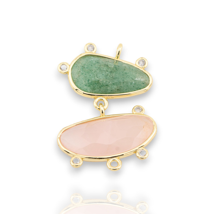 Σύνδεσμος ορειχάλκινου εξαρτήματος Ημιπολύτιμοι λίθοι 24x35mm 3 τεμ Golden Green Aventurine + Rose Quartz