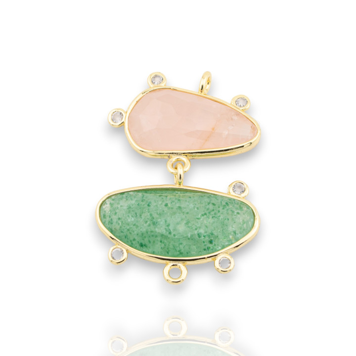 Conector de componente de latón Piedras semipreciosas 24x35 mm 3 piezas Cuarzo rosa dorado + Aventurina verde