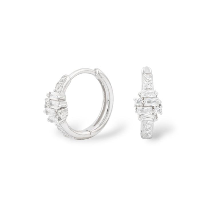 Boucles D'Oreilles Fermées En Argent 925 Avec Micropave' Zircons 5.5x16mm 1 Paire Plaqué Rhodium Blanc