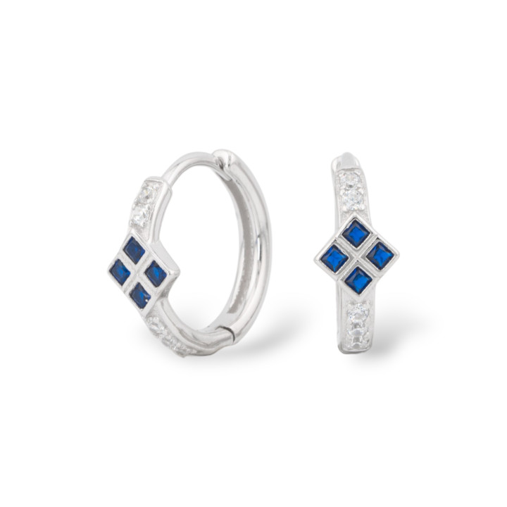 Boucles D'Oreilles Fermées En Argent 925 Avec Micropave' Zircons 6,5x16mm 1 Paire Rhodié Saphir Bleu