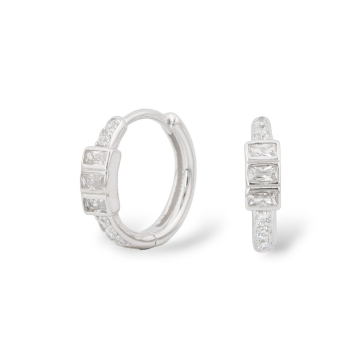 Closed Stud Earrings Of 925 Silver With Micropave' Zircons 7x15mm 1 Pair White Rhodium Plated