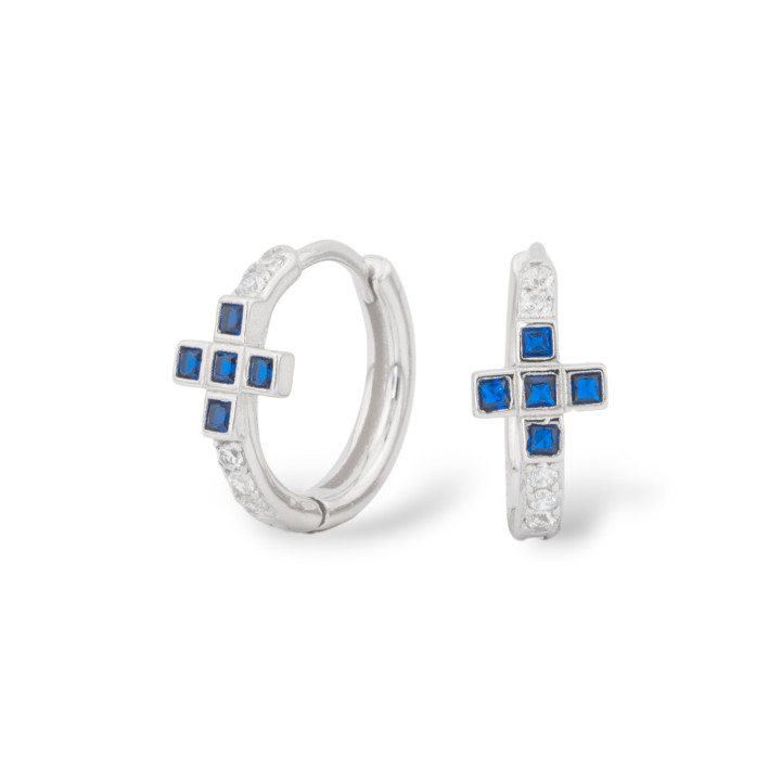 Boucles D'Oreilles Fermées En Argent 925 Avec Micropave' Zircons 7x15mm 1 Paire Rhodié Saphir Bleu