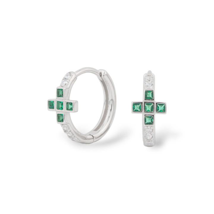 Orecchini Perno Chiuso Di Argento 925 Con Zirconi Micropave' 7x15mm 1 Paio Rodiato Verde Smeraldo
