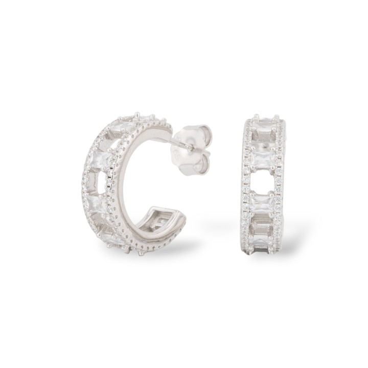 925 Silver Stud Earrings With Micropave' Zircons 5.5x18mm 1 Pair White Rhodium Plated