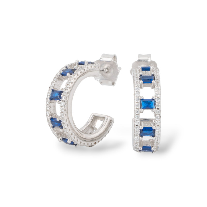 925 Silver Stud Earrings With Micropave' Zircons 5.5x18mm 1 Pair Rhodium-plated Sapphire Blue