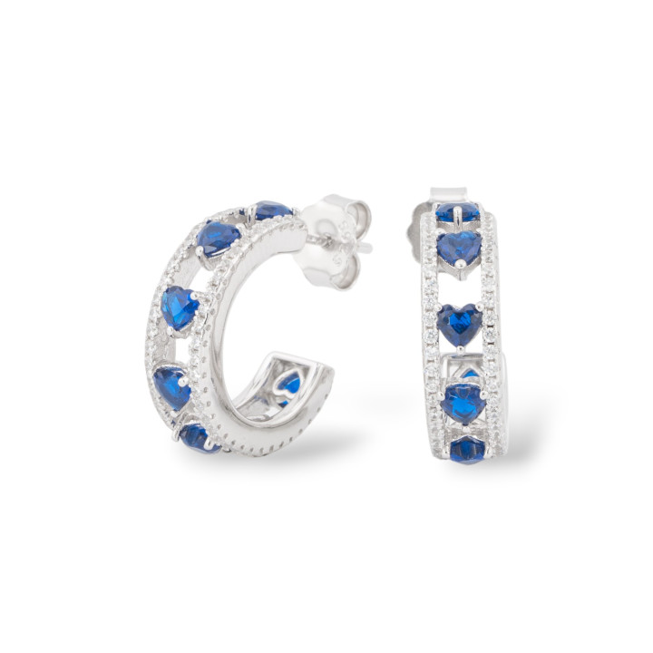 Boucles d'Oreilles Puces Argent 925 Avec Zircons Micropavés 5.5x18mm 1 Paire Rhodié Bleu Saphir
