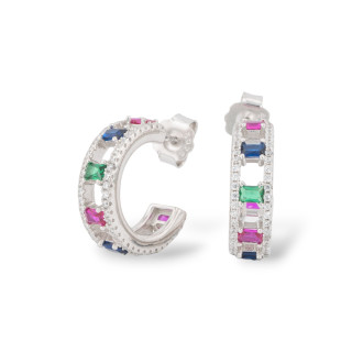 925 Silver Stud Earrings With Micropave' Zircons 5.5x18mm 1 Pair Rhodium-Plated Multicolor
