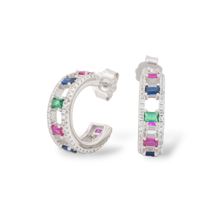 Boucles d'Oreilles Puces Argent 925 avec Zircons Micropavés 5.5x18mm 1 Paire Rhodié Multicolore