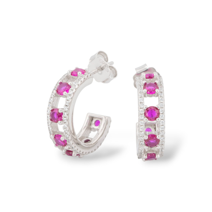 925 Silver Stud Earrings With Micropave' Zircons 5.5x18mm 1 Pair Ruby Red Rhodium Plated