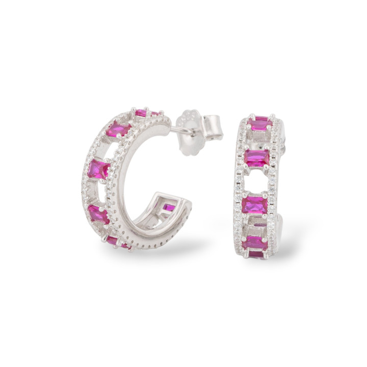 925 Silver Stud Earrings With Micropave' Zircons 5.5x18mm 1 Pair Ruby Red Rhodium Plated