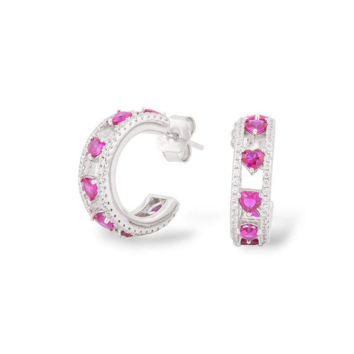 925 Silver Stud Earrings With Micropave' Zircons 5.5x18mm 1 Pair Ruby Red Rhodium Plated