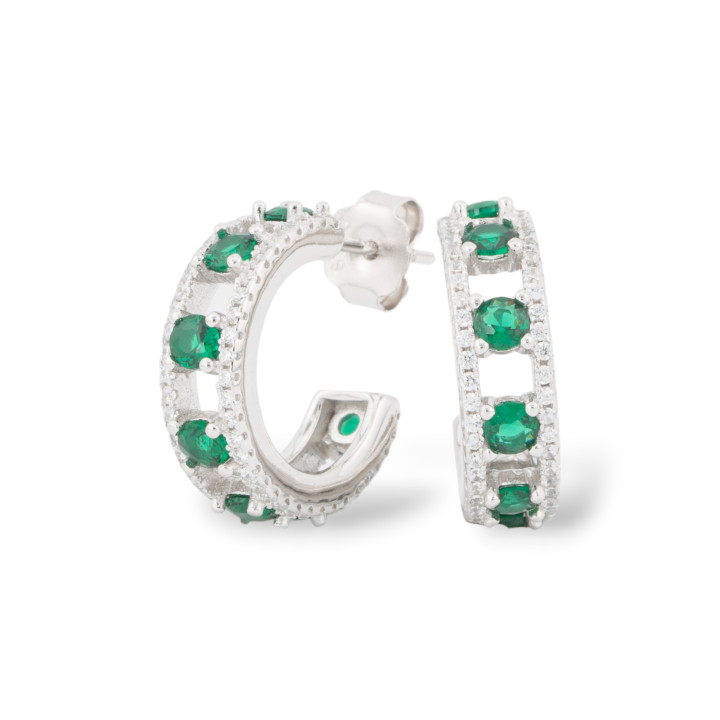 Boucles d'Oreilles Puces Argent 925 Avec Zircons Micropavés 5.5x18mm 1 Paire Vert Emeraude Plaqué Rhodium