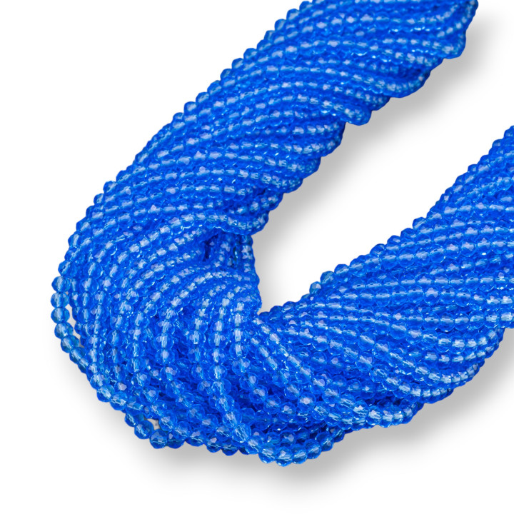 Perline Di Cristalli Rondelle Sfaccettate 4x3mm 100 FILI Su Filo Di Cotone Pronti all'uso Blu Trasparente